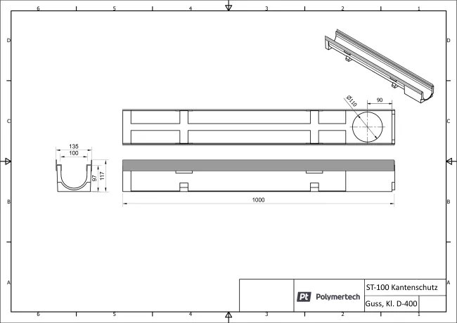 Technische Zeichnung des Rinnenunterteils ST-100 D-400